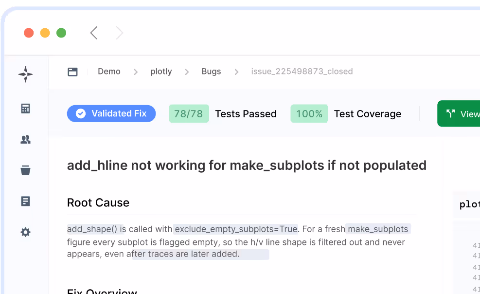 Screenshot of LogicStar generating production-ready pull requests with 100 percent test coverage, static analysis, and regression validation